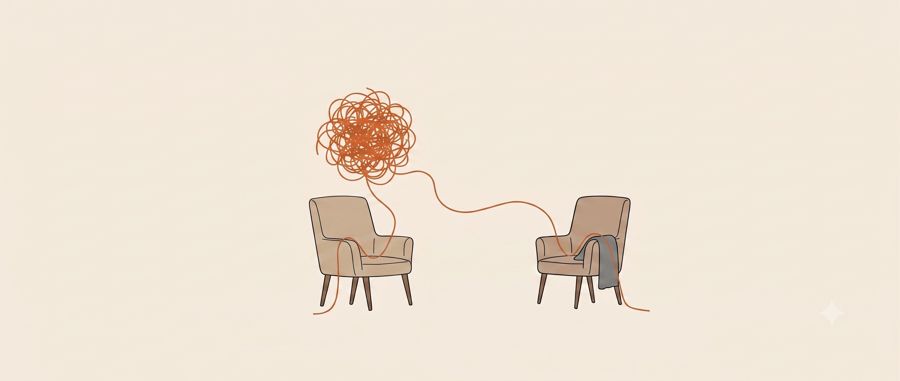 Ilustração de duas poltronas com um novelo de lã vermelho